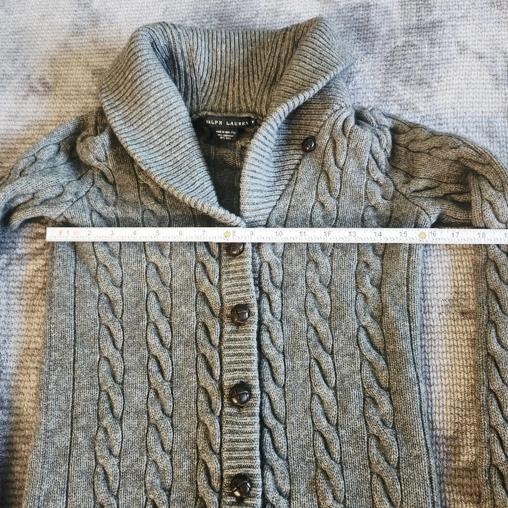 Ralph Lauren Gray Sweater Cardigan Cashmere Wool Button Up Collegiate Chunky Med - Picture 5 of 8